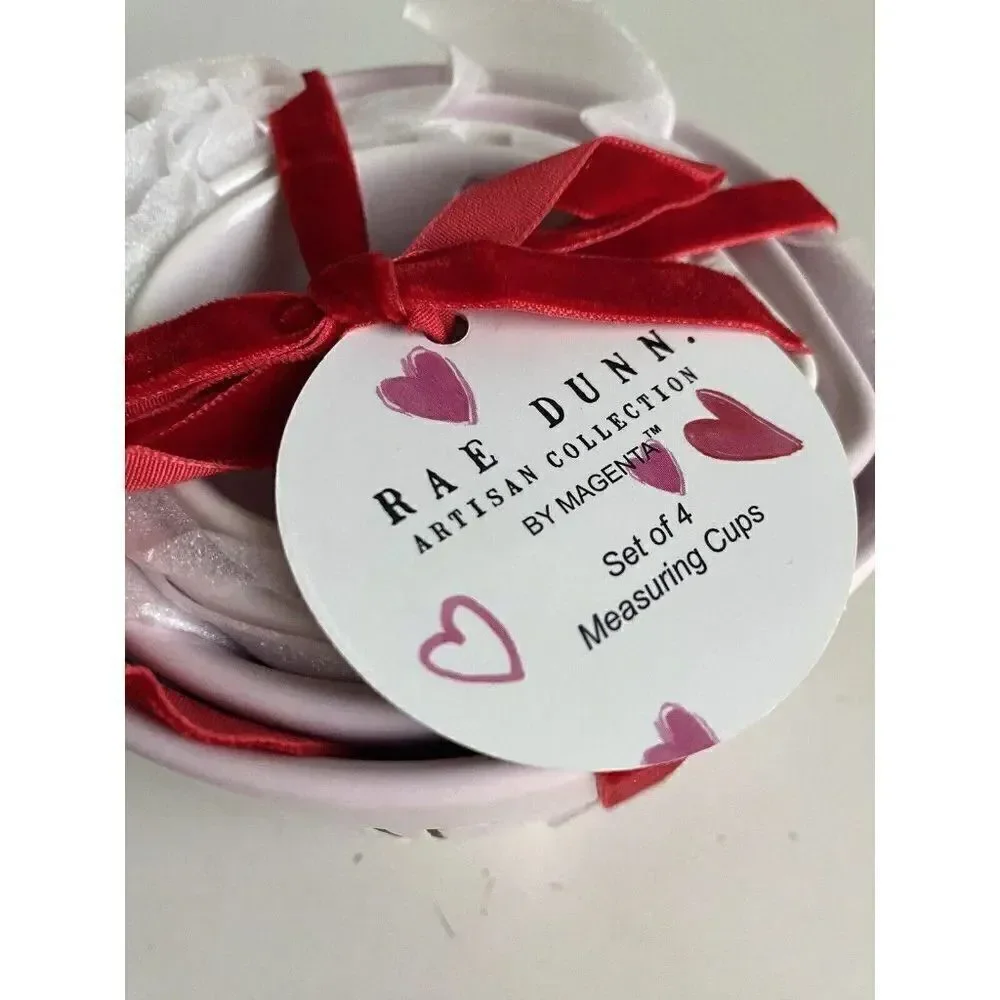 Set Of 4 Rae Dunn VALENTINE PINK Measuring Cups With Heart Cutout‎ Ceramic NEW